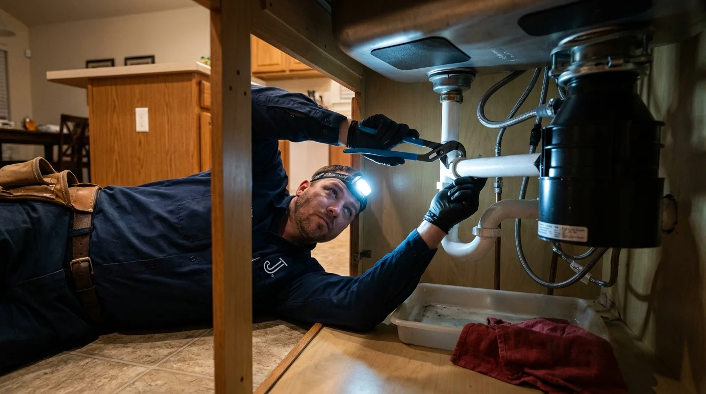 P-trap and supply line connections under a kitchen sink showing a common leak point in Lithonia, GA